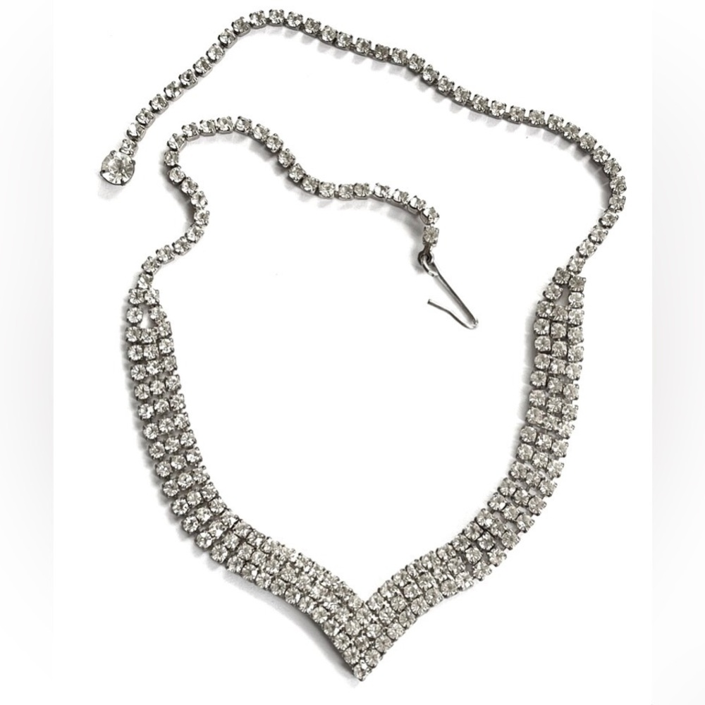 Art Deco Rhinestone Chevron,Rhinestone Bib Necklace,  Mid Century Jewelry
